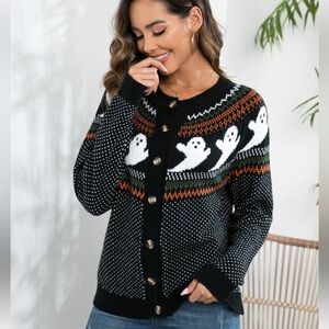 NWT Luna Ivy Orange Black White Vintage Ghost Pattern Womens Cardigan size small
